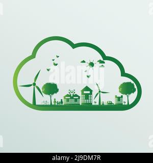 Ökologie concept.Green Cities helfen der Welt mit umweltfreundlichen Konzept idea.with Globus und Baum Hintergrund, Vektor-Illustration Stock Vektor
