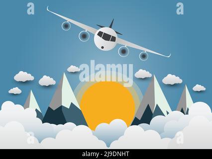 Das Flugzeug schwebt über den Bergen mit wunderschönen Sonnenuntergängen über den Wolken, Vektordarstellung Stock Vektor