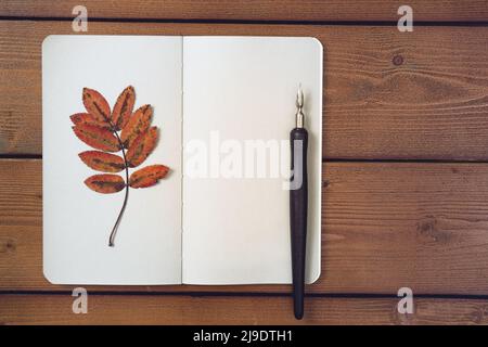 Herbsthintergrundschablone mit Notizblock, leeren Seiten mit Notizblock, Füllfederhalter und Herbstblättern auf rustikalem Holztisch. Copyspace, herbstliches Mockup. Re Stockfoto