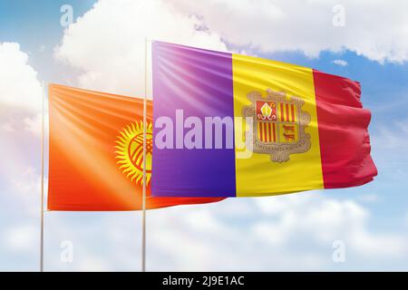 Sonniger blauer Himmel und Flaggen von algerien und kirgisistan Stockfoto