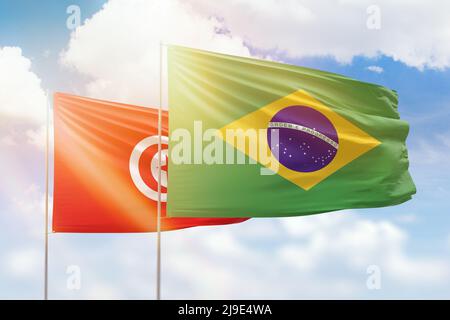 Sonniger blauer Himmel und Flaggen von brasilien und tunesien Stockfoto