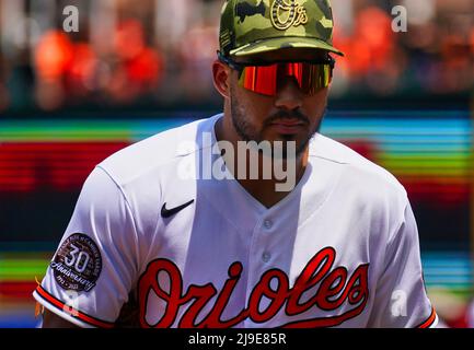 BALTIMORE, MD - MAI 22: Baltimore Orioles Rechtsfeldspieler Anthony Santander (25) vor einem MLB-Spiel zwischen den Baltimore Orioles und den Tampa Bay Rays, am 22. Mai 2022, im Orioles Park in Camden Yards, in Baltimore, Maryland. (Foto von Tony Quinn/SipaUSA) Stockfoto