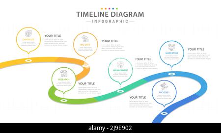 Infografik-Vorlage für Unternehmen. 6 Schritte modernes Timeline-Diagramm mit Road Journey Konzept, Präsentationsvektor Infografik. Stock Vektor