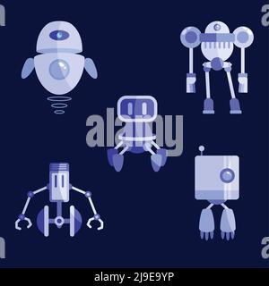 Fünf lila Roboter setzen Symbole Stock Vektor