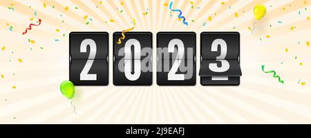 Countdown-Uhr mit Zahlen 2023. Vorlage für das neue Jahr mit Wimpern, Ballons und Serpentinen. Stock Vektor