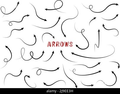 Große Set Pfeile und Richtungen Zeichen. Dünne Linie mit Pfeil. doodle-Stil. Vektor schwarze und rote Pfeile, isoliert auf weißem Hintergrund. Stock Vektor