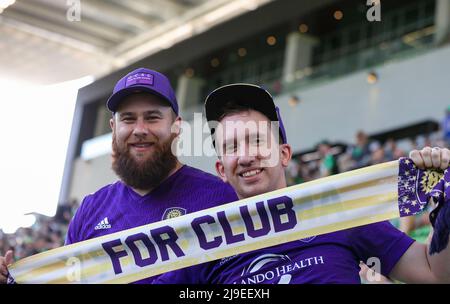 Austin, Texas, USA. 22. Mai 2022: Unterstützer von Orlando City vor dem Start eines Fußballspiels der Major League beim FC Austin am 22. Mai 2022 in Austin, Texas. (Bild: © Scott Coleman/ZUMA Press Wire) Bild: ZUMA Press, Inc./Alamy Live News Stockfoto