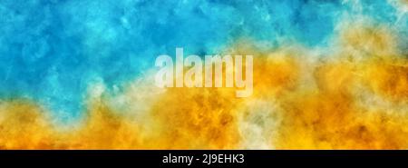 Leuchtend orange gelb und cyan blau Farben Aquarell Hintergrund bunt grunge gebeizt Papier Textur mit notgekleideten fleckigen Farbflecken Muster Stockfoto