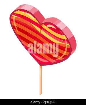 Candy Sugar Heart Lollypop Isometrisch. Sweet Food Symbol Cartoon-Stil Vektor isoliert Stock Vektor