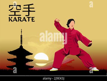 Orientalischer Kampfsport. Karate. Farbige vektorgrafik 3D. Übersetzen Sie Japan Text = Karate Stock Vektor