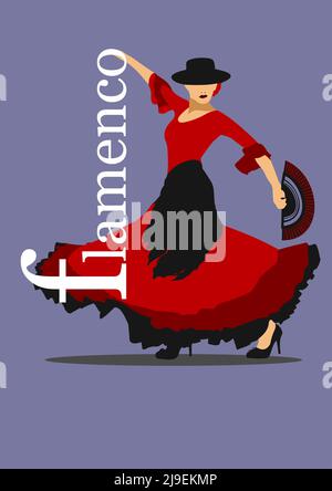 Schöne junge Frau, die Flamenco tanzt. Vektor-3d-Illustration Stock Vektor