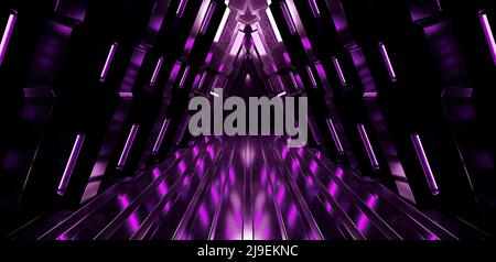 Neon leuchtenden Violett Blau leuchtenden Sci Fi futuristische Bühne Podium Bau Metall Dreieck konkrete Grunge Reflektierende dunkle Nacht Virtuelle zeigen, Backgro Stockfoto