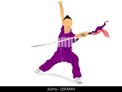 Orientalischer Kampfsport. Wushu. Farbige vektorgrafik 3D. Stock Vektor