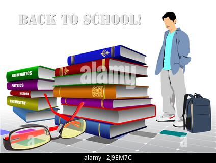 Abstrakte Komposition mit Boy School und Buchstapeln. Zurück zur Schule. Vektorgrafik 3D Stock Vektor