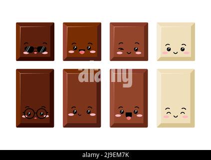 Niedliche Schokolade Stück emoji Charakter Symbol Set. Stock Vektor