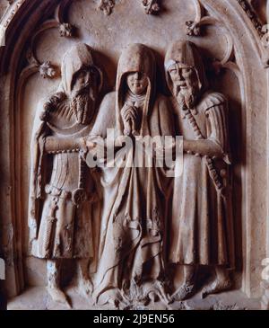 Alle del sepulcro de Pere V de Queralt y de Alamanda de Rocabertí, siglo XIV. Iglesia de Santa Maria de Bell-lloc, Santa Coloma de Queralt. Stockfoto