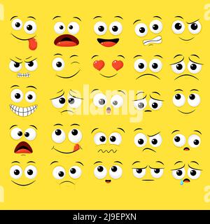 Sammlung von Emoticons mit unterschiedlicher Stimmung. Satz von volumetrischen Cartoon Emoji Gesichter in verschiedenen Ausdrücken - glücklich, traurig, weinen, Angst, verrückt. Auf weiß b Stock Vektor