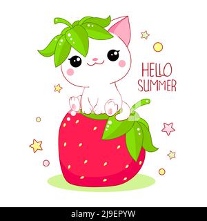 Süße weiße Katze auf großen Erdbeeren. Inschrift Hallo Sommer. Kawaii kleine Kitty und reife rote Beere. Frohe Sommerzeit. Vektorgrafik EPS8 Stock Vektor