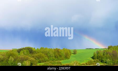 Regen und ein heller Regenbogen am blauen Himmel gleichzeitig. Das Konzept der Wettervorhersage und des Klimawandels. Regenbogen während des Regens über einer schönen Stockfoto