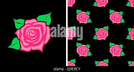 Schöne bunte Rose isoliert auf schwarzem Hintergrund ist in Nahtloses Muster - Vektor-Illustration Stock Vektor