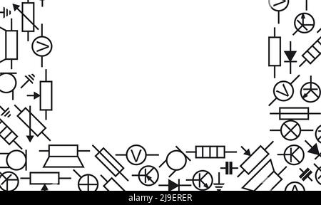 Funkkomponente. Funkelektronik. Widerstand, Transistor, Diode und Kondensator. Rahmenbild. Symbolische Bezeichnung. Isoliert auf weißem Hintergrund Stock Vektor