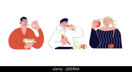 Eine Reihe von verschiedenen Menschen essen gesunde Gerichte Stock Vektor