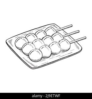 Dango japan oder japanische traditionelle Lebensmittel Doodle handgezeichnete Skizze mit Umriss Stil Vektor Illustration Stockfoto