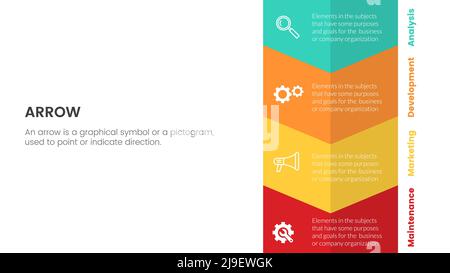 Infografik mit vertikalem Formkonzept für die Folienpräsentation mit 4-Punkt-Liste und Richtungsvektor für die Pfeilform Stockfoto