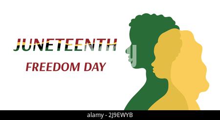 Banner des Juneteenth Freedom Day. Silhouetten afroamerikanischer Personen im Profil. Afrikanischer Mann und Frau. Feier im Juni 19. Vektorplakat illustrat Stock Vektor