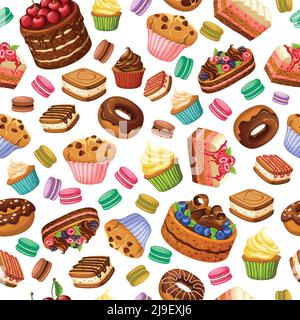 Cartoon bunte Desserts nahtlose Muster mit süßen Produkten Kuchen Cupcakes Cookies Makronen Donuts und Beeren Vektor-Illustration Stock Vektor