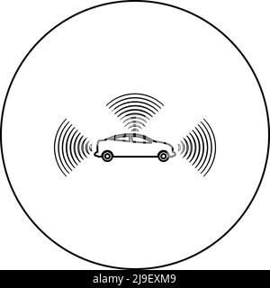 Autoradio Signale Sensor intelligente Technologie Autopilot alle Richtung Symbol im Kreis Runde schwarze Farbe Vektor Illustration Bild Umriss Konturlinie Stock Vektor