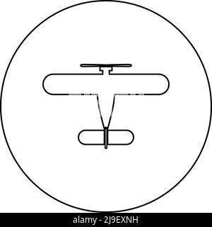 Propelier Flugzeuge retro vintage kleine Flugzeug Single Engine Symbol im Kreis Runde schwarze Farbe Vektor Illustration Bild Umriss Kontur Linie dünnen Stil Stock Vektor