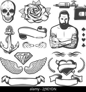 Vintage Skizze Tattoo Studio Elemente Set mit Master Bänder Schädel Rose Anker Flügel Diamant Herz Maschine isoliert Vektor Illustration Stock Vektor