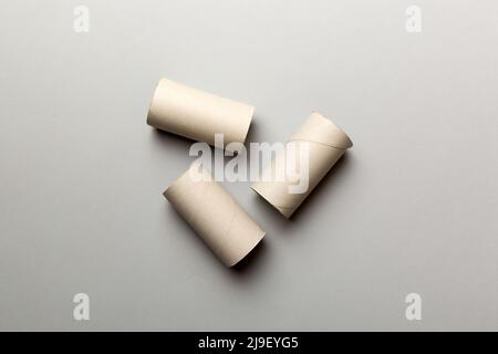 Leere Toilettenpapierrolle auf farbigem Hintergrund. Recycelbares Papierrohr mit Metallstopfende aus Kraftpapier oder Karton. Stockfoto