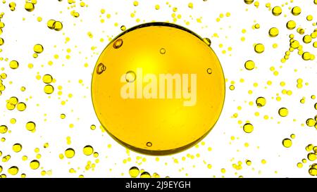 3D Ölblasen isoliert. Goldgelbe Ölflüssigkeit tropft auf leeren weißen Hintergrund. Hochwertige 3D-Illustration Stockfoto