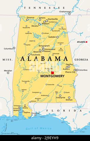 Alabama, AL, politische Karte mit der Hauptstadt Montgomery, Städten, Flüssen und Seen. Staat in der südöstlichen Region der Vereinigten Staaten. Stockfoto