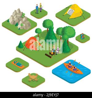 Isometrische bunte aktive Erholung Konzept mit Menschen Camping Wandern Wasser Und Natur Elemente isoliert Vektor Illustration Stock Vektor