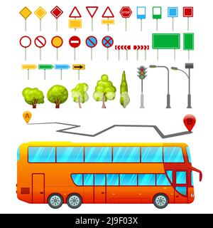 Stadtverkehr Elemente mit öffentlichen Bus Straßenschilder Bäume gesetzt Ampeln und Navigationsroute isolierte Vektordarstellung Stock Vektor