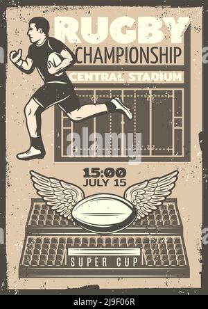 Vintage Rugby Wettbewerb Poster mit laufenden Spieler Ball Flügel Feld Und Stadion in monochromen Stil Vektor-Illustration Stock Vektor