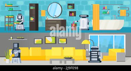 Future Technology horizontale Banner mit Roboterassistenten handeln verschiedene Housekeeping Funktionen im Bad und Wohnzimmer Vektor-Illustration Stock Vektor