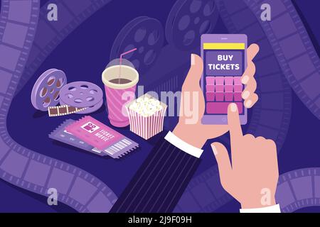 Kinokarten online kaufen isometrische Komposition mit Smartphone Hand halten Popcorn Film Film Spulen Hintergrund Vektor Illustration Stock Vektor