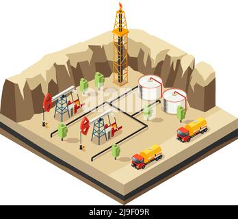 Isometrische Öl-Industrie-Vorlage mit Bohranlagen Ressource Lagerung derrick LKW für den Transport in Wüste isoliert Vektor-Illustration Stock Vektor