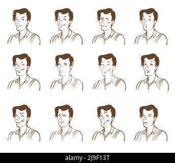 Man Emotionen mit verschiedenen Gesichtsausdrücke in Hand gezeichnet gesetzt Darstellung isolierter Vektorgrafiken Stock Vektor