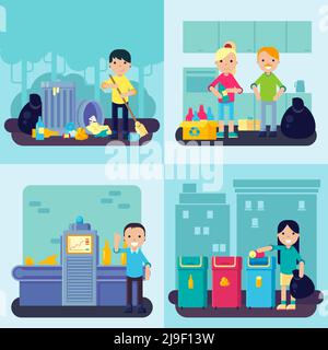 Flat Waste Konzept mit Menschen sammeln Sortierung Recycling von Müll Und Trash-Vektor-Illustration Stock Vektor