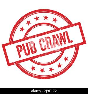 PUB-CRAWL-Text auf rotem runden Vintage-Stempel geschrieben. Stockfoto