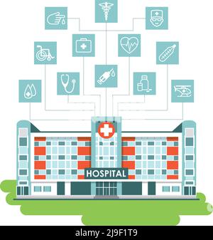 Stadthintergrund mit Krankenhausgebäude, Ambulanzwagen und verschiedenen Medizin-Symbolen auf weißem Hintergrund isoliert Stock Vektor