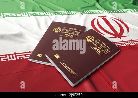 Iranischer Pass auf seiner Flagge, iranische Pässe, auch bekannt als persische Pässe, werden an Staatsbürger des Iran ausgestellt Stockfoto