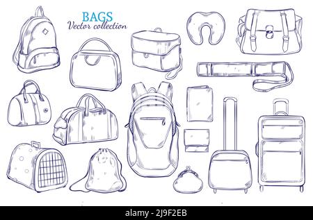 Handgezogenes Reisegepäck-Set mit Gepäck Koffer Rucksack Geldbörse Tube Tier Kiste Taschen Kissen isoliert Vektor-Illustration Stock Vektor