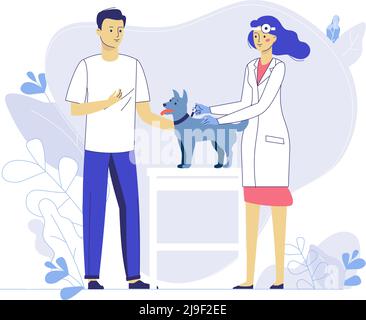 Tierarzt macht eine Injektion an Hund im Krankenhaus. Gesundheitswesen, medizinische Behandlung, Prävention und Immunisierung von Haustieren. Stock Vektor