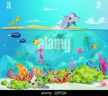 Cartoon Sea Life Vorlage mit Delphin Seepferdchen Fische Muscheln marine Pflanzen auf tropischen Strand Landschaft Vektor-Illustration Stock Vektor